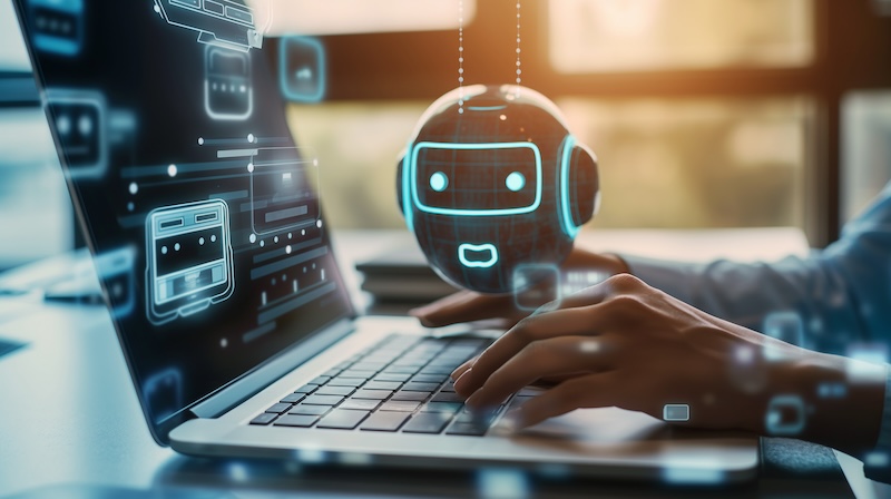 A person types on a laptop in a bright room, with a holographic chatbot avatar hovering above the keyboard. The digital avatar, resembling one of those google review bots, has a friendly expression and is surrounded by various floating icons and interfaces.