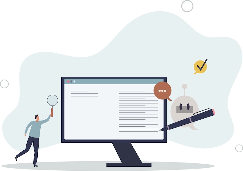 Illustration of a person holding a magnifying glass near a large computer monitor with text on the screen. A robot with a smiley face and a checkmark, resembling google review bots, is holding a pen next to the monitor. The background is light with abstract shapes.