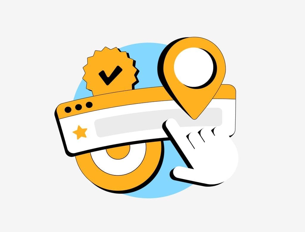 Illustration of a web browser address bar with a yellow location pin, a checkmark badge, a star, and a hand-shaped cursor pointing at the bar, set against a blue circle background.