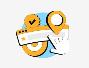 Illustration of a web browser address bar with a yellow location pin, a checkmark badge, a star, and a hand-shaped cursor pointing at the bar, set against a blue circle background.