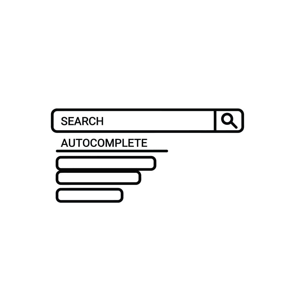 A simple illustration of a search bar with the word "SEARCH" and a magnifying glass icon, and below it, four horizontal bars labeled "AUTOCOMPLETE," representing autocomplete search suggestions.