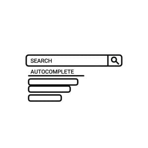 A simple illustration of a search bar with the word "SEARCH" and a magnifying glass icon, and below it, four horizontal bars labeled "AUTOCOMPLETE," representing autocomplete search suggestions.