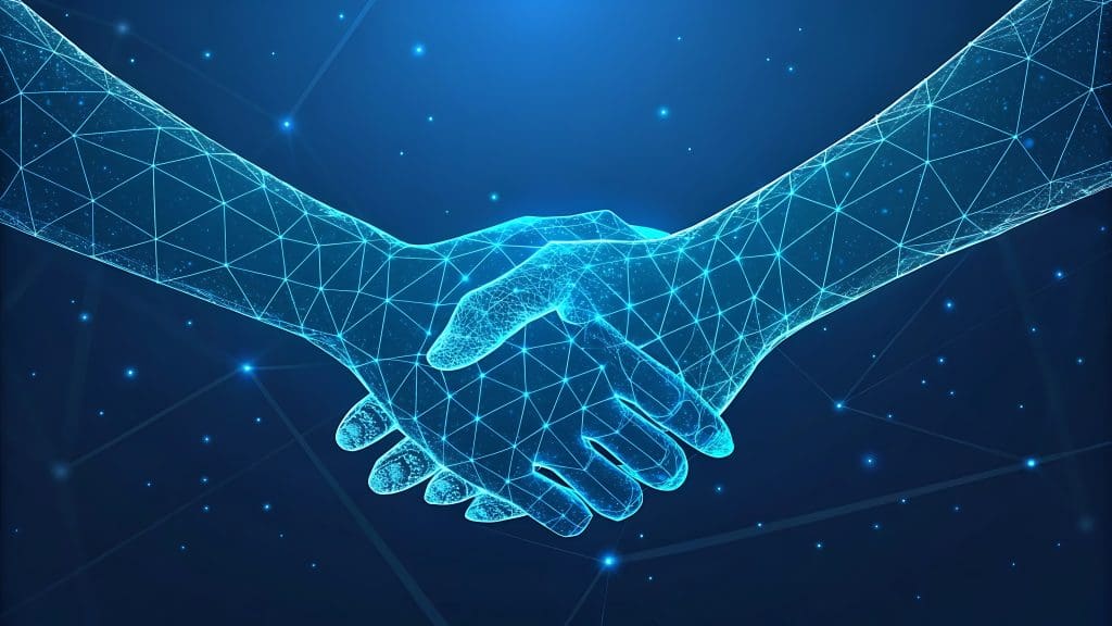 Two digital, wireframe hands outlined in blue light are shaking hands against a dark blue background with glowing points and lines, symbolizing technology, connection, and cooperation.