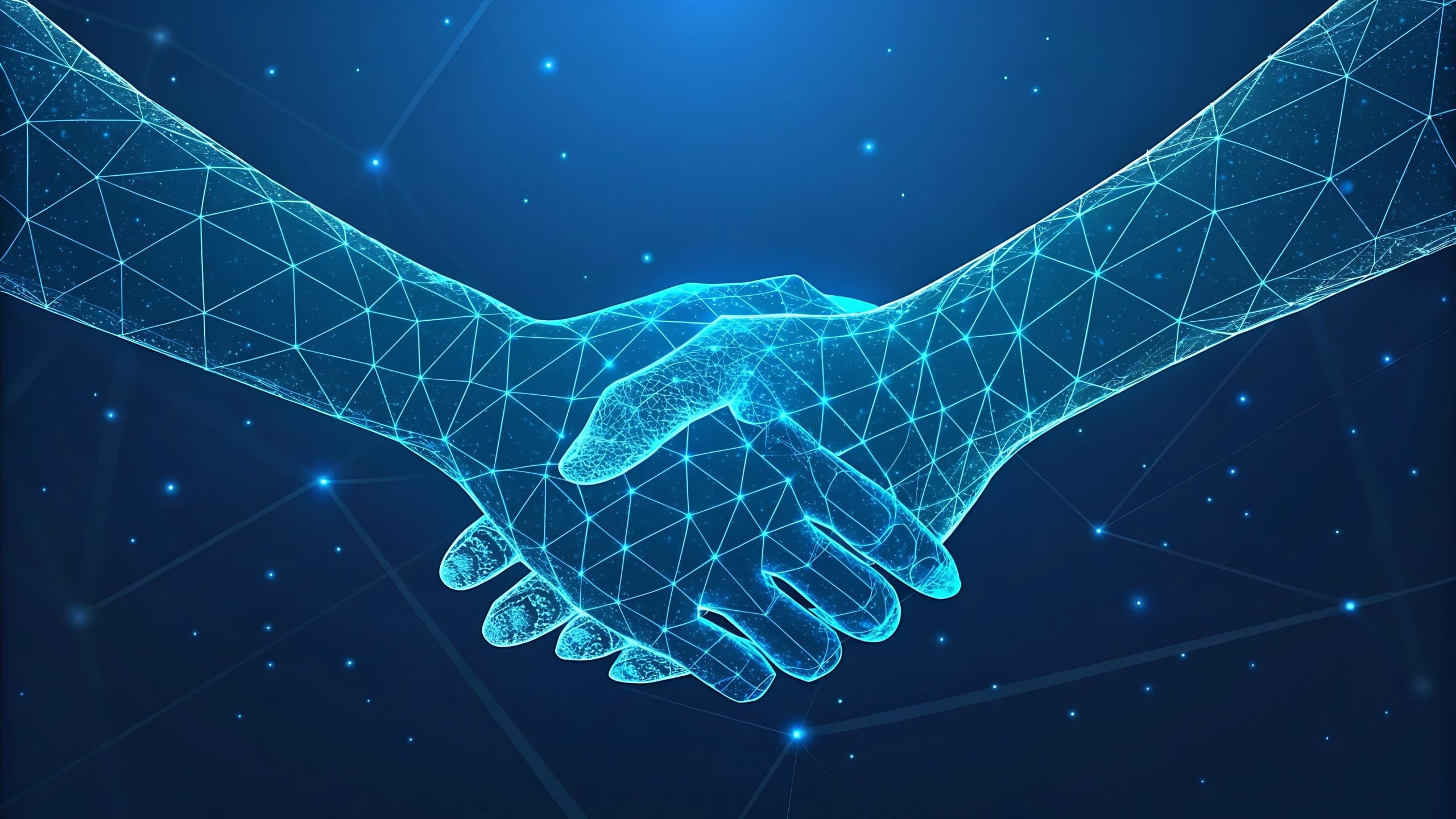 Two digital, wireframe hands outlined in blue light are shaking hands against a dark blue background with glowing points and lines, symbolizing technology, connection, and cooperation.