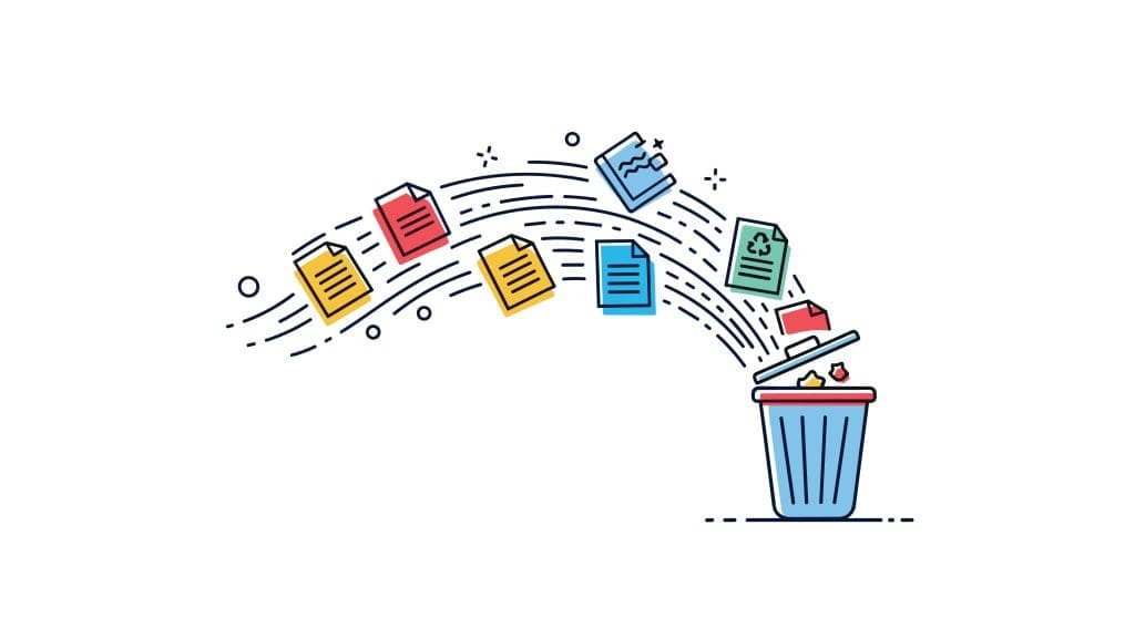 Colorful documents and folders are flying into a blue trash bin, symbolizing deleting or discarding files, with a recycling symbol on one document and scattered lines indicating motion.