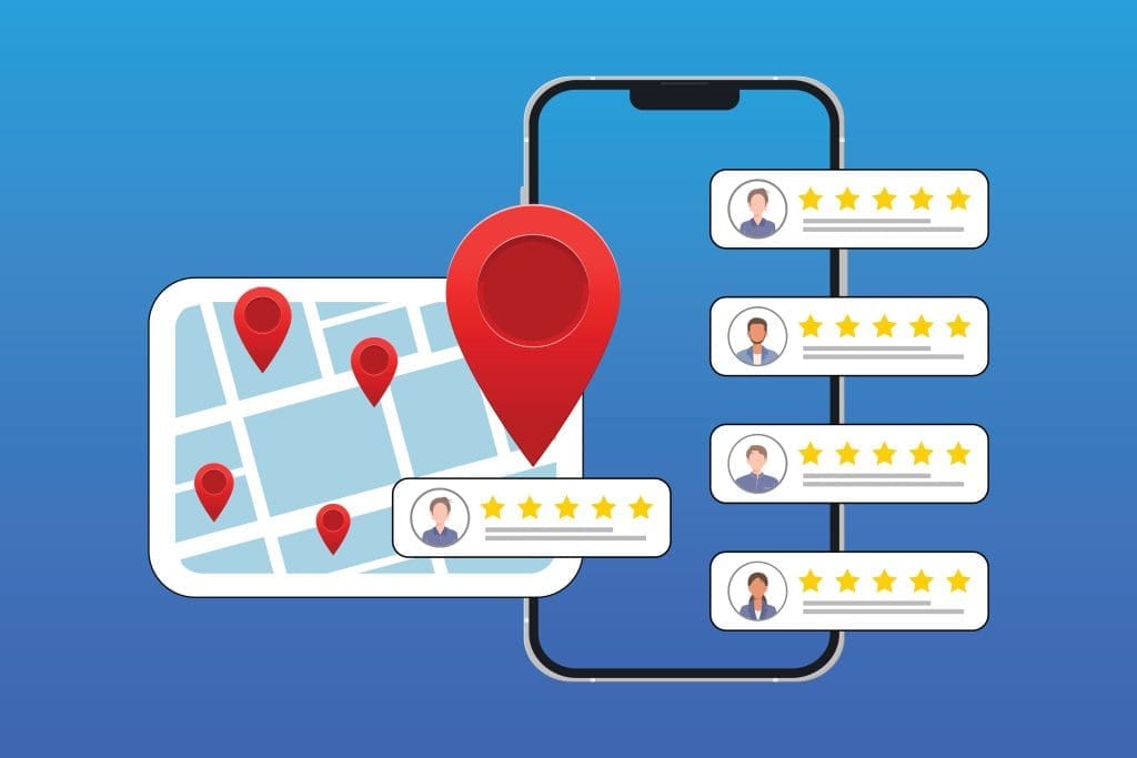 Illustration of a smartphone, a map with location pins, and several user review boxes with star ratings, symbolizing location-based service reviews or ratings.
