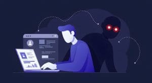 A person uses a laptop while a dark, shadowy figure with glowing red eyes looms behind, representing an online threat or hacker. Dotted lines connect the figure to the computer screen.