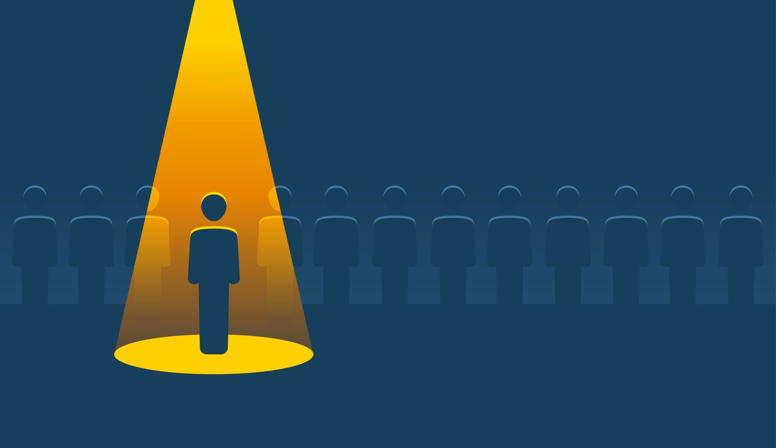 A row of simple human icons on a dark background, with one figure in the foreground highlighted by a bright yellow spotlight, standing out from the others who are dimly visible in the background.