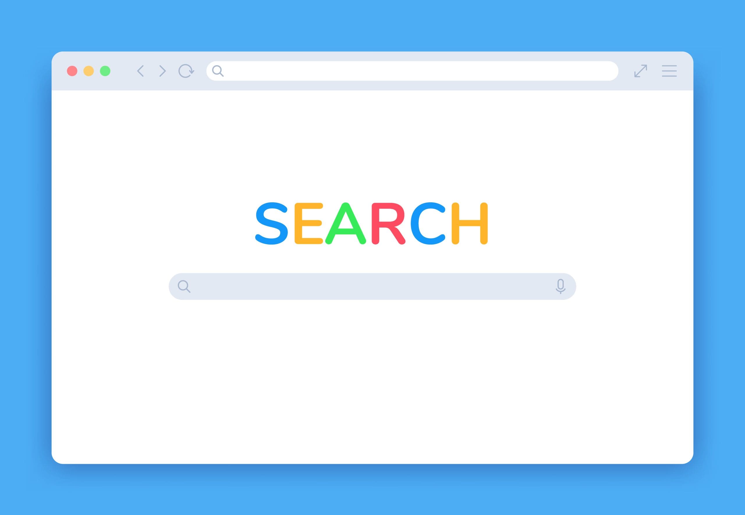 An illustration of a web browser window with a blue background, displaying the word "SEARCH" in colorful letters above a blank search bar. The interface is clean and minimalistic.