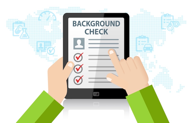 Illustration of hands holding a tablet displaying a "Background Check" form with three checked boxes. The background features faint icons and a world map, symbolizing global security, verification, and the rise of ego surfing practices.