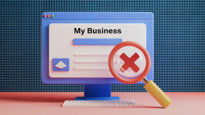 3D illustration of a computer screen displaying "My Business" with a large red X inside a magnifying glass, hinting at issues like Google Reviews Not Showing Up. Blue checkered background and pink surface.