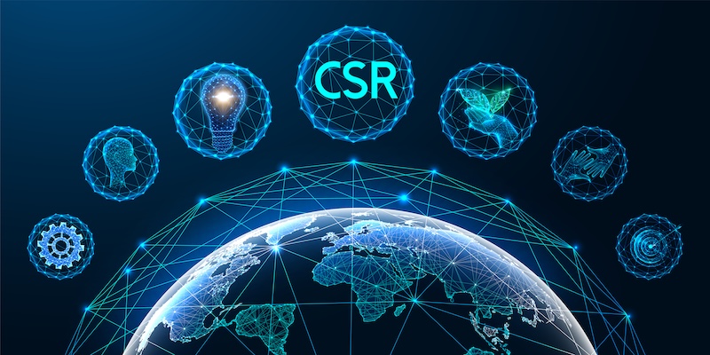 Digital illustration of Earth with network lines and icons, including a lightbulb, gears, handshake, and leaf, centered around "CSR" to highlight Corporate Social Responsibility and innovation.