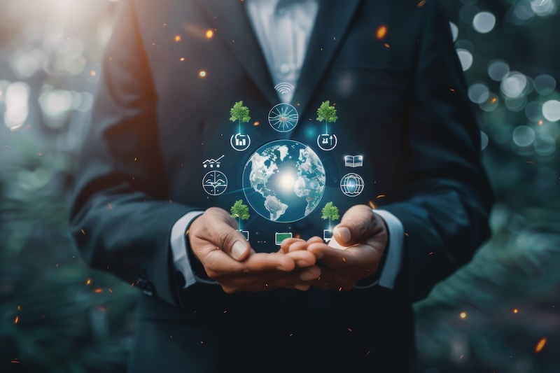A person in a suit holds a glowing digital globe with icons of trees, renewable energy, and technology, symbolizing Corporate Social Responsibility, environmental sustainability, and global innovation.
