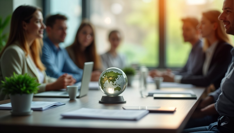 A group of people sit around a conference table in a bright office. A glass globe is centered on the table, surrounded by documents and laptops, reflecting a meeting focused on international business and Corporate Social Responsibility.