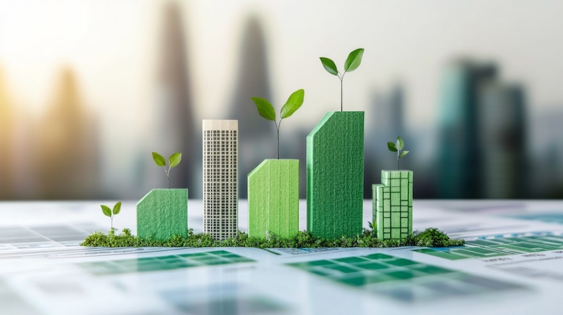 Green building models with plants sprouting on top, symbolizing eco-friendly architecture and Corporate Social Responsibility, are displayed on papers with a blurred city skyline in the background.
