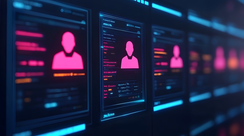 A digital interface displaying several profile cards with generic human silhouettes, highlighted in pink, against a dark background, representing user data or Digital Persona Bias in cyber security concepts.