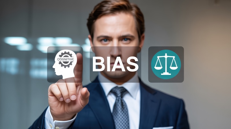 A man in a suit points at a virtual screen displaying "COGNITIVE BIAS" with icons of a head and scales of justice, highlighting how Digital Persona Bias can impact decision-making.