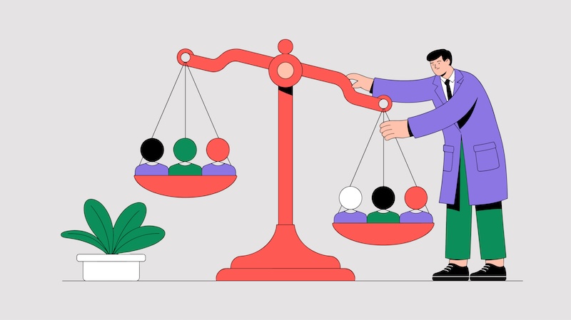 An illustration of a person in a lab coat adjusting a large red balance scale with diverse people figures on each side, highlighting equality and balance. The scene subtly references Digital Persona Bias. A green plant sits beside the scale.
