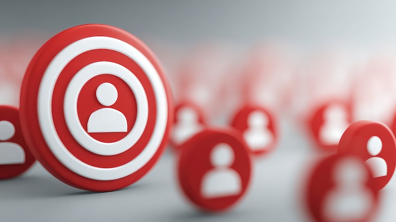 Red and white target symbols with person icons inside, with one large target in focus among several smaller, blurred targets in the background, symbolizing audience targeting or selecting individuals and highlighting potential Digital Persona Bias.