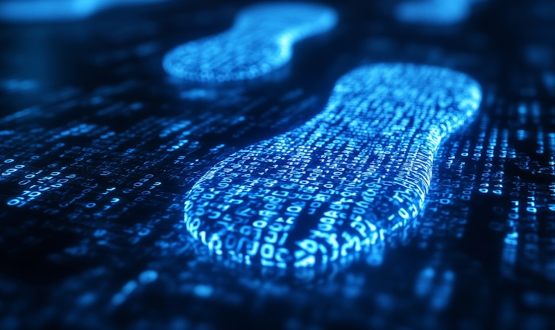 Close-up of blue digital binary code forming a glowing human footprint on a dark background, symbolizing a digital or cyber footprint and online presence—perfect for illustrating concepts like ego surfing.