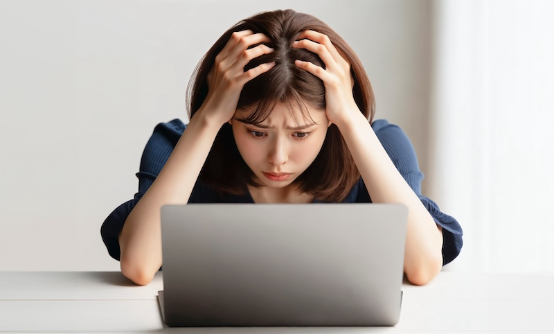 A person sitting at a table looks stressed or frustrated while holding their head in their hands and staring at a laptop screen, possibly overwhelmed by the results of ego surfing.