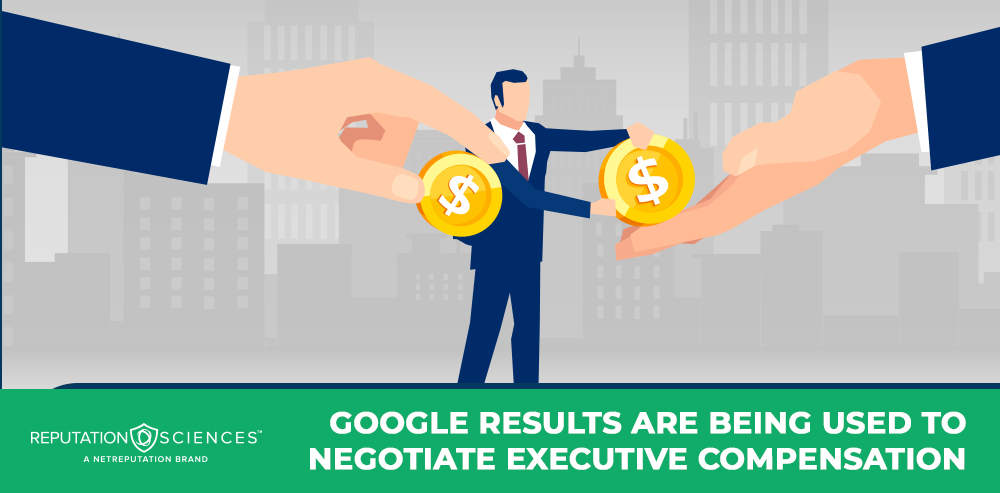Illustration of a businessperson in a suit holding a gold coin with a dollar sign, while two large hands offer similar coins; text reads, “Google results are being used to negotiate executive compensation packages.”.