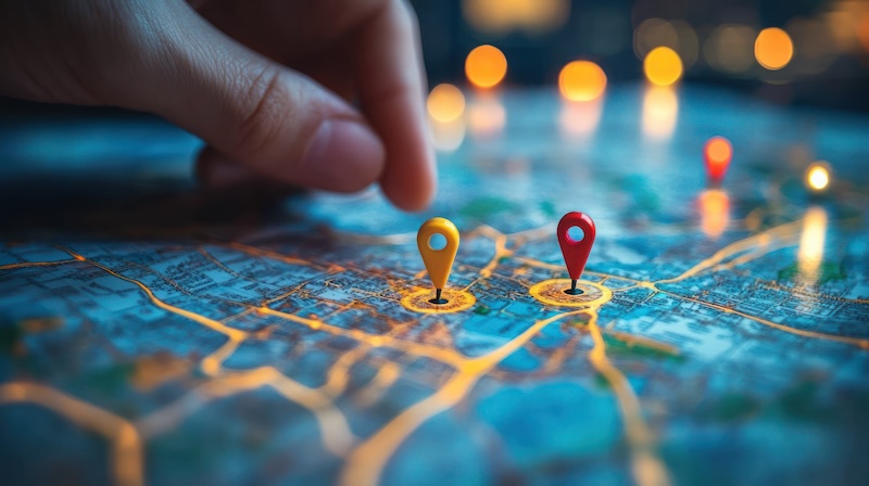 A close-up of a hand placing a map pin on a detailed, illuminated city map, symbolizing navigating issues like Google Reviews Not Showing Up. Several red and yellow pins mark locations, with blurred city lights in the background.