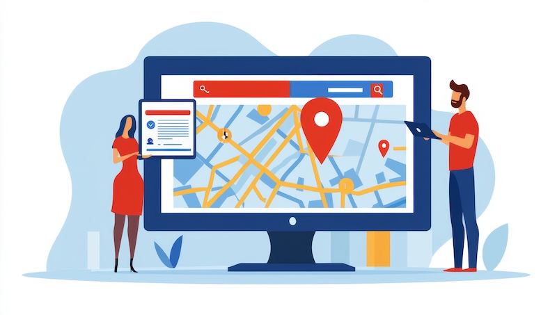 Illustration of a woman holding a tablet and a man using a laptop, both standing next to a large computer monitor displaying a digital map with a red location pin, highlighting the challenge of Google Reviews not showing up.