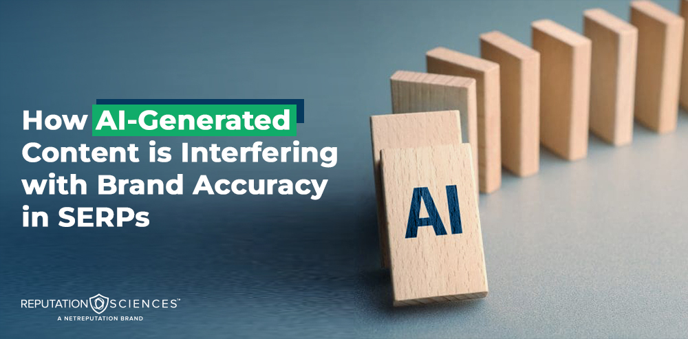 A row of wooden dominoes is lined up, with the first domino labeled "AI-Generated Content" about to topple the others. Text reads: "How AI-Generated Content is Interfering with Brand Accuracy in SERPs.