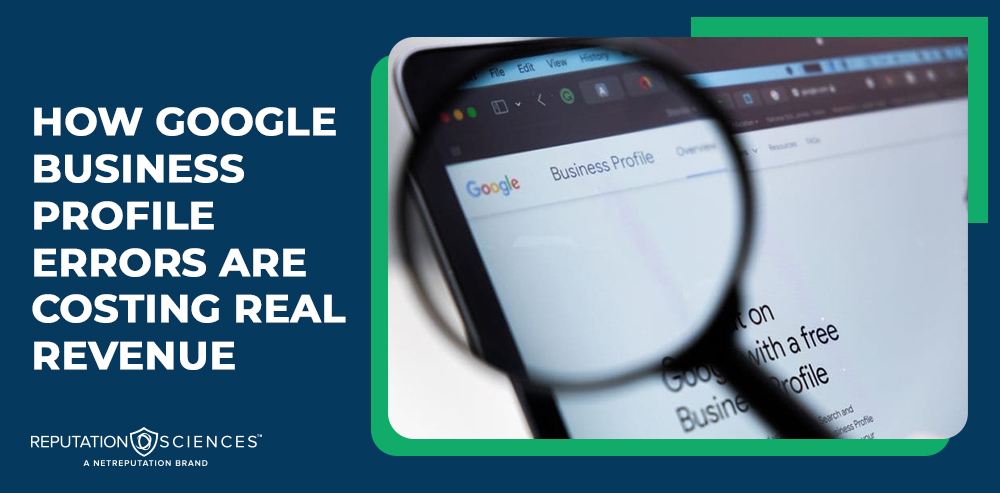 A magnifying glass focuses on a Google Business Profile page displayed on a laptop screen. Text on the left reads, "How Google Business Profile errors are costing real revenue and impacting your online presence.