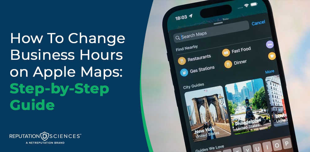 A smartphone with the Apple Maps app is shown on the right, while text on the left reads, "How to change business hours on Apple Maps: Step-by-step guide." The Reputation Sciences logo appears at the bottom left.