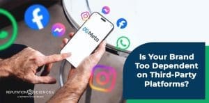 A person holding a phone displaying the Meta logo, surrounded by social media icons. Text reads: “Is Your Brand Too Dependent on Third-Party Platforms for Success?”.