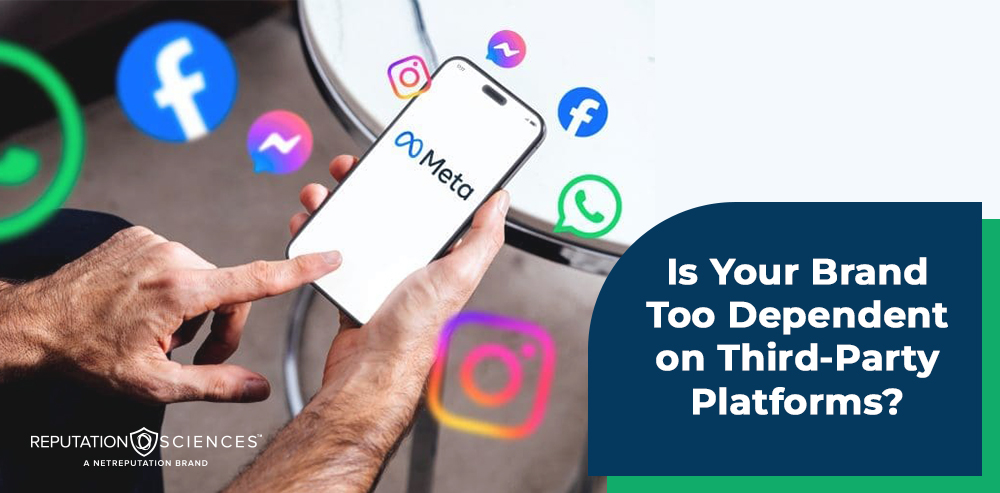 A person holding a phone displaying the Meta logo, surrounded by social media icons. Text reads: “Is Your Brand Too Dependent on Third-Party Platforms for Success?”.