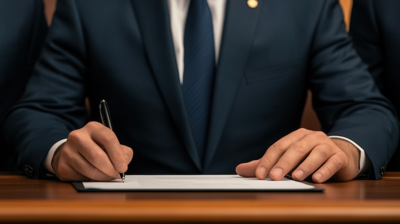 A man in a dark suit sits at a wooden table, signing a document with a black pen. Only his torso and hands are visible, emphasizing the importance of online safety in handling official paperwork.