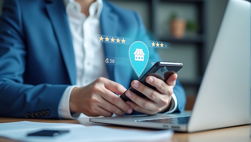 A person in a blue suit uses a smartphone in front of a laptop, with a digital overlay showing a store icon, stars for ratings, and numbers—highlighting the issue of Google Reviews Not Showing Up for online businesses or customer feedback.