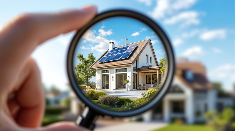 A hand holds a magnifying glass focusing on a modern house with solar panels, surrounded by greenery and blue sky—reminding us that just as homes highlight eco-friendly features, Realtors need online reputation management to shine.