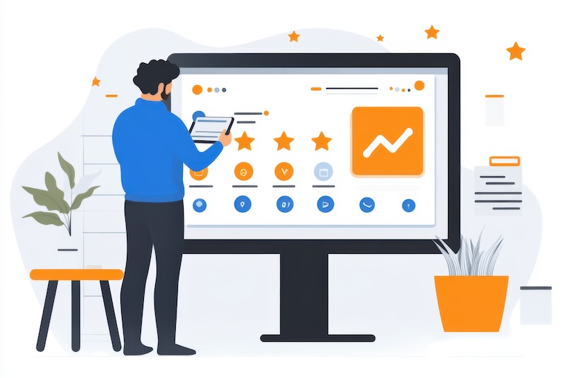 Illustration of a person standing before a large screen with graphs, charts, and star ratings—tools to keep a good reputation—while holding a tablet. The scene features plants and abstract elements in orange and blue tones.