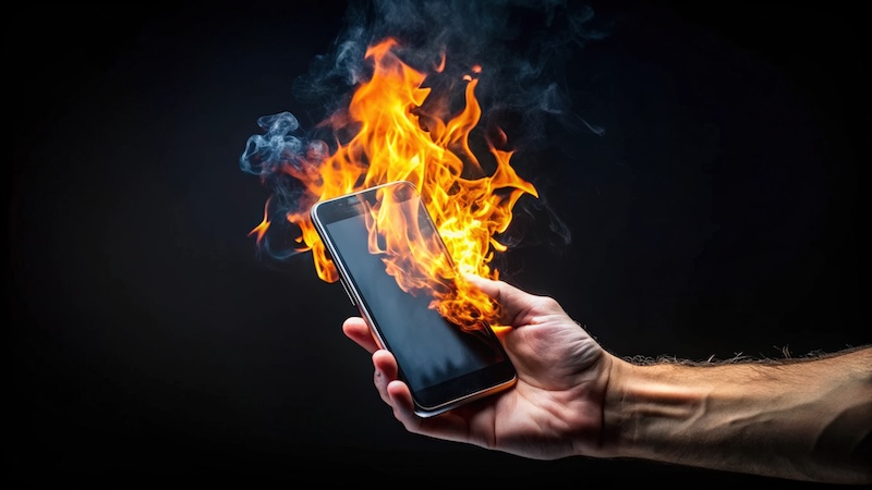 A hand holds a smartphone engulfed in bright orange flames against a dark background, hinting that is everything on the internet permanent—even our digital mistakes can leave a lasting, dangerous mark.