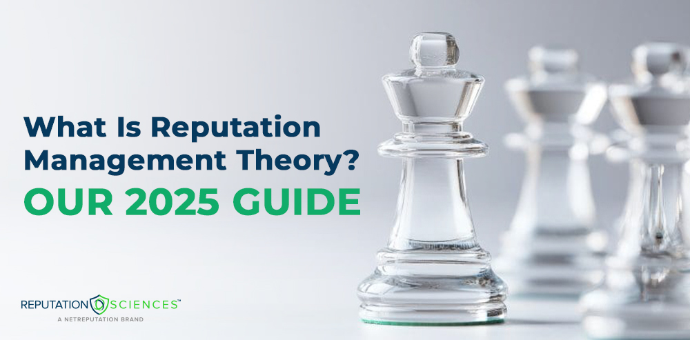 A row of clear glass chess pieces on a white background highlights the concept of reputation management theory. Text reads: "What Is Reputation Management Theory? OUR 2025 GUIDE." Reputation Sciences logo appears in the bottom left corner.