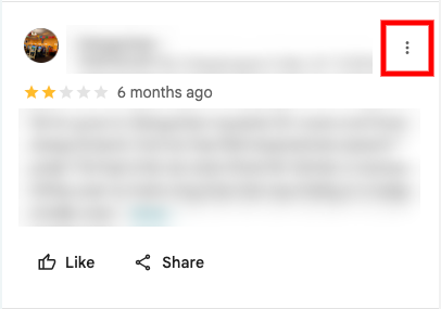 A blurred online review with a one-star rating out of five, posted six months ago. The options menu, often used to Remove Bad Google Reviews, is highlighted in the top right corner. Like and share icons appear below.