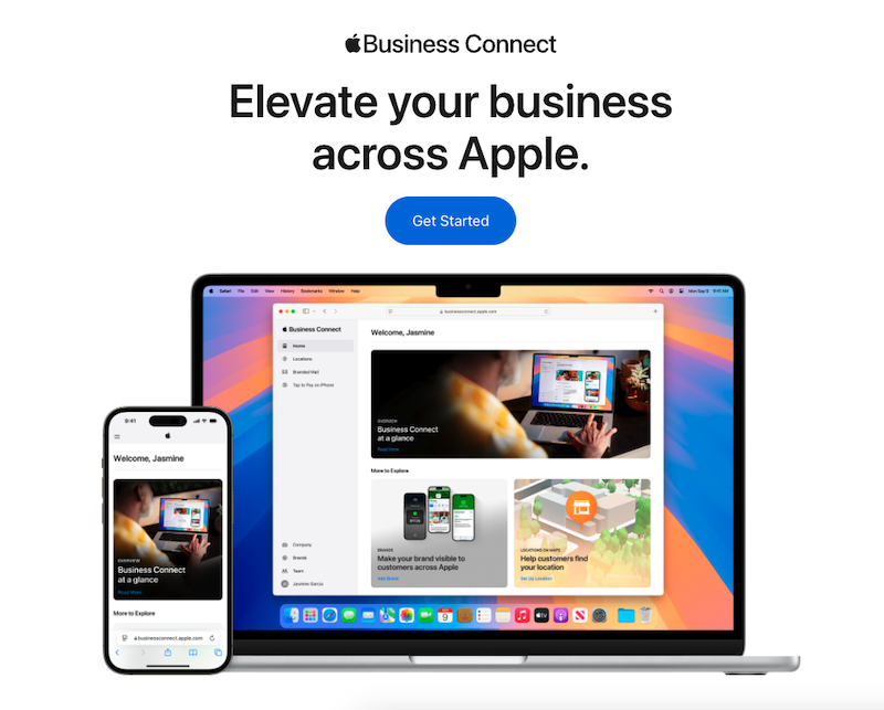 An Apple promotional image showcases a laptop and smartphone with the "Business Connect" app interface, guiding you on how to change business hours on Apple Maps. The text reads, "Elevate your business across Apple," with a blue "Get Started" button inviting users to begin.