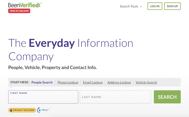 Screenshot of BeenVerified’s homepage featuring a search tool for people, phone, email, address, and vehicle lookup. The slogan reads, "The Everyday Information Company." Log in and sign up buttons are visible, plus details on been verified opt out options.