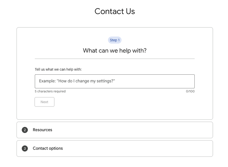 A “Contact Us” form asks, “What can we help with?” and provides a field for users to enter their question, such as how to remove bad Google reviews. Below are expandable sections labeled “Resources” and “Contact options.”.