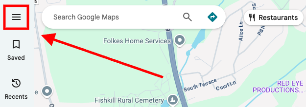Screenshot of Google Maps with a red box highlighting the menu icon, and a red arrow pointing from the menu icon to the map area labeled "Folkes Home Services" and "Fishkill Rural Cemetery," showing steps to remove bad Google reviews.