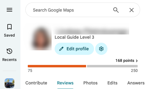 Google Maps profile page displays a Local Guide Level 3 with 168 points. Options include "Edit profile" and tabs like Contribute, Reviews, Photos, Edits, and Answers—essential tools to contribute or remove bad Google reviews efficiently.