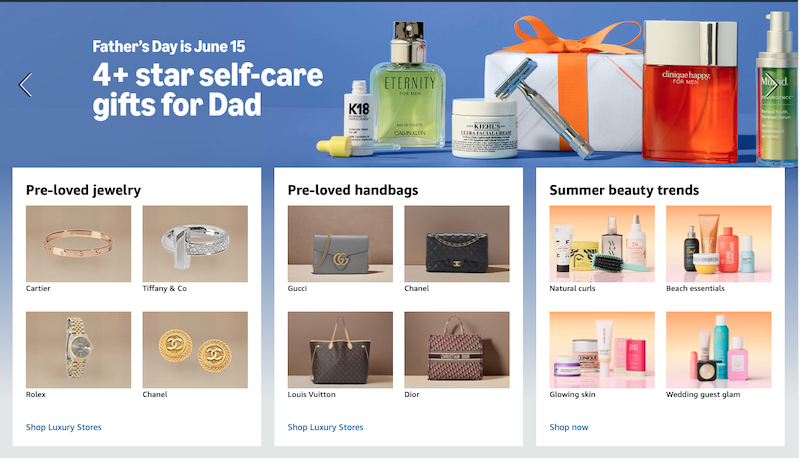 Father's Day gift ideas from the most trusted company: discover perfumes, grooming products, and a wrapped gift box. Explore pre-loved jewelry, handbags, and summer beauty trends with product images and brand labels.
