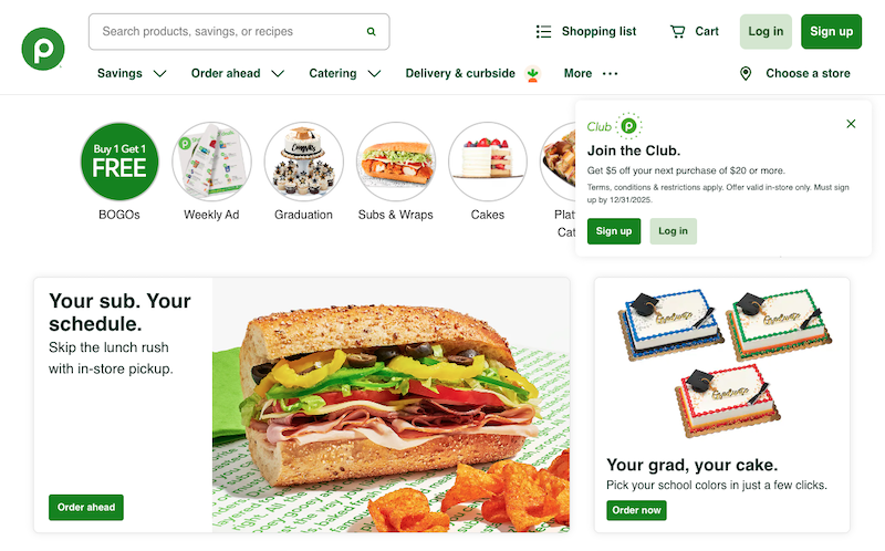 Publix website homepage—by the most trusted company—features a sub sandwich, graduation cakes, and BOGO promos. Navigation links for groceries, savings, catering, and club membership are clearly visible at the top.