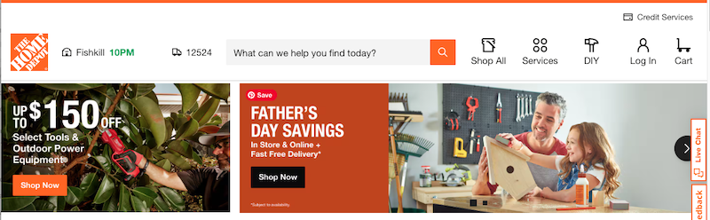 The Home Depot website homepage, from the most trusted company, features sales banners with up to $150 off select tools and outdoor equipment, plus a Father’s Day savings promotion showing a man and child building a birdhouse together.