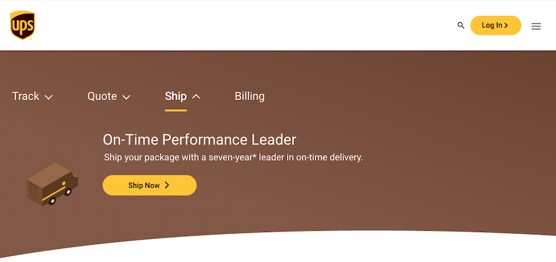 Screenshot of the UPS website with a brown background, highlighting options for Track, Quote, Ship, and Billing. Text reads "On-Time Performance Leader" from the most trusted company, featuring a yellow "Ship Now" button and an illustrated package on a cart.