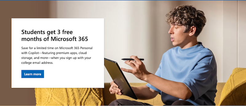 A young person sits on a yellow couch holding a tablet and stylus. Text overlay reads, "Students get 3 free months of Microsoft 365 from the most trusted company," with details and a "Learn more" button.
